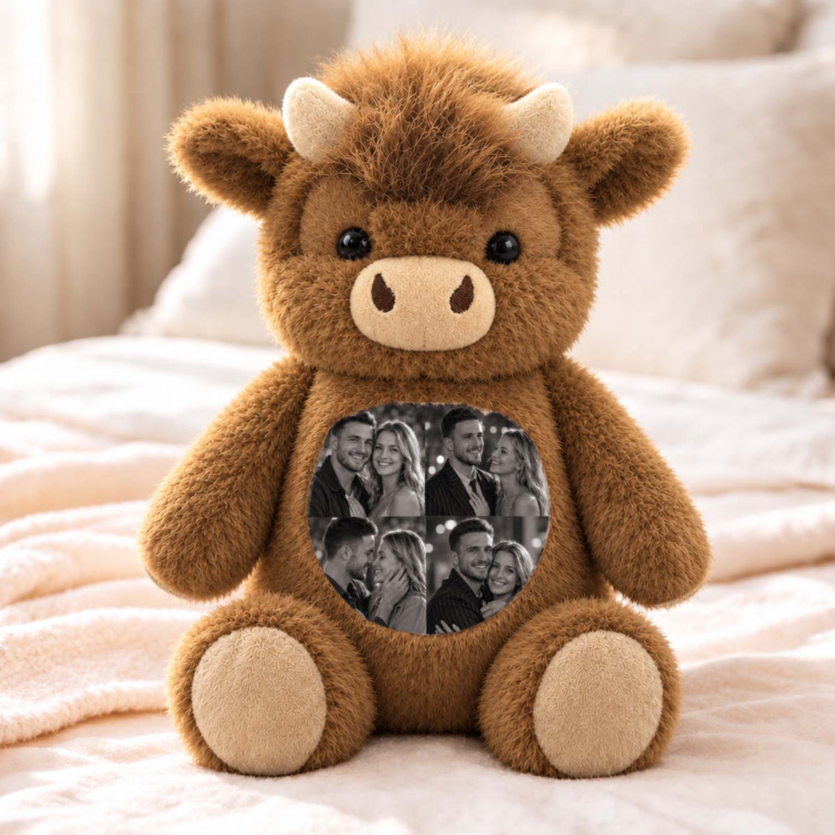MadeMine personalized Highland Cow plush toy with custom photo, soft stuffed animal featuring detailed Highland Cow design.