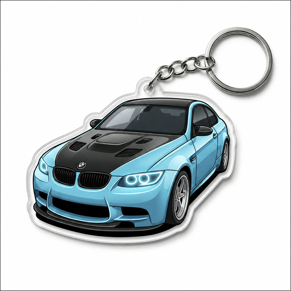 Personalized acrylic car photo keychain with custom vehicle shape from MadeMine, featuring a personalized photo inside.