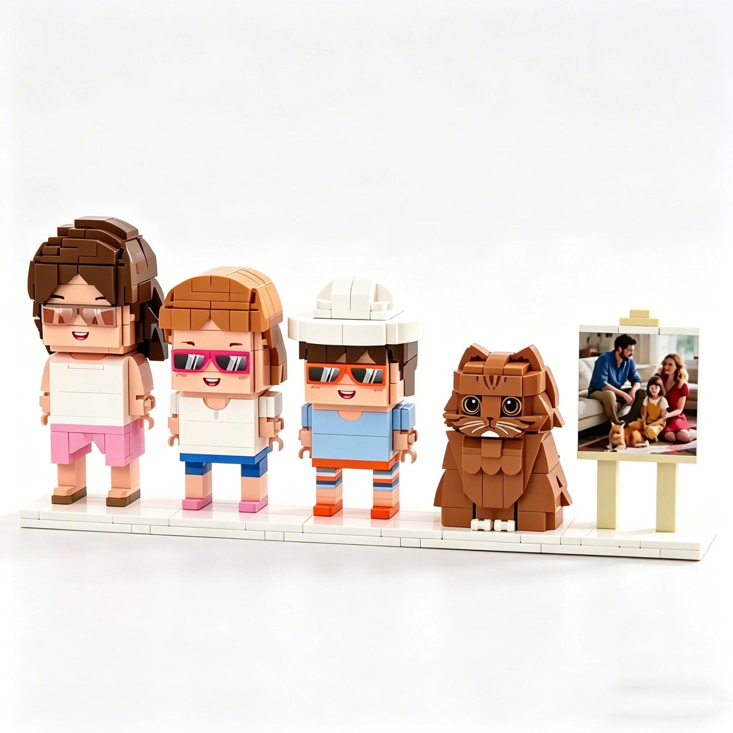 Custom Brick Figurine - 3 People with Cat & Frame | Personalized Family Gift - Mini Brick Custom