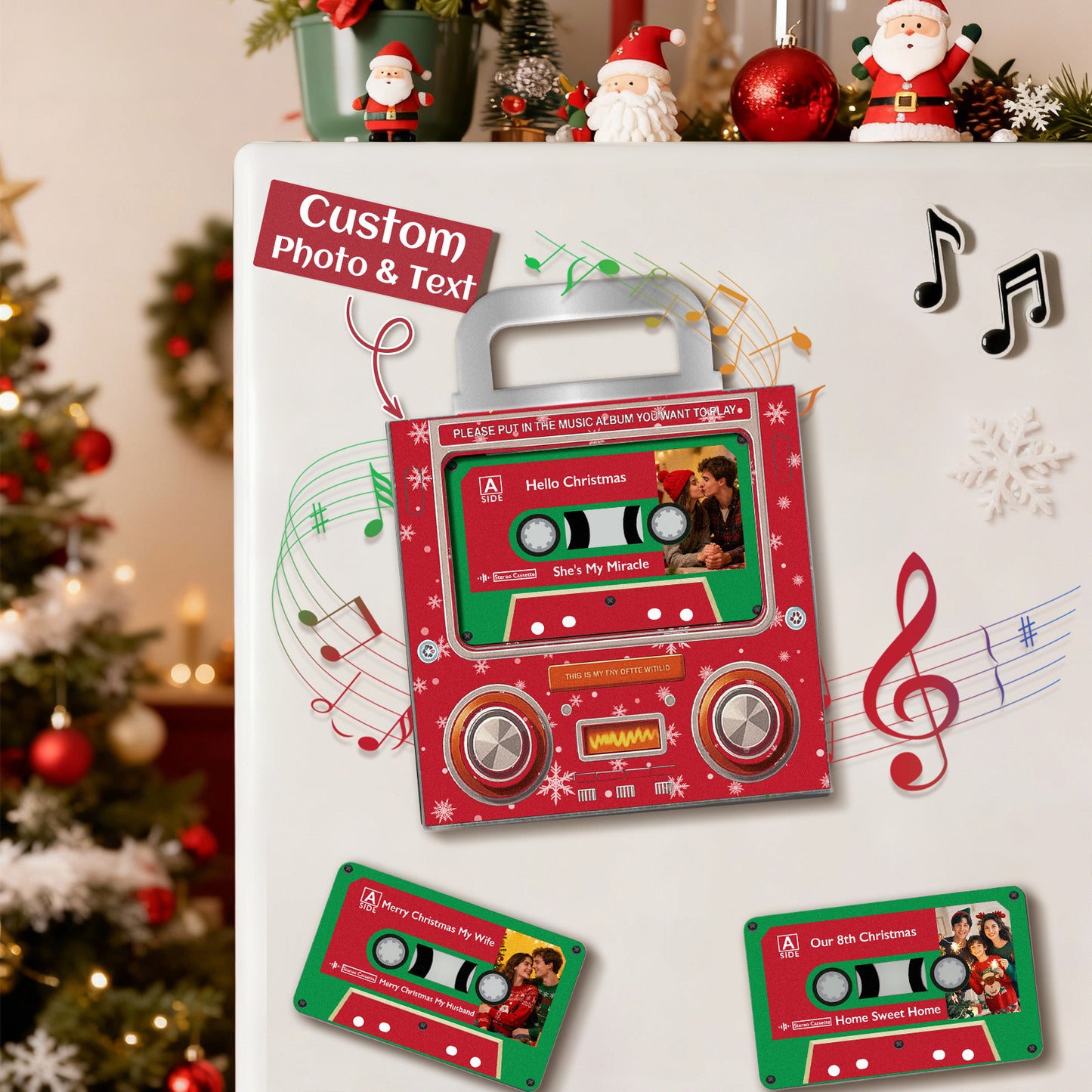 Cassette-shaped acrylic Music MixTape fridge magnet by MadeMine, a retro-inspired music gift for couples with a vintage cassette design.