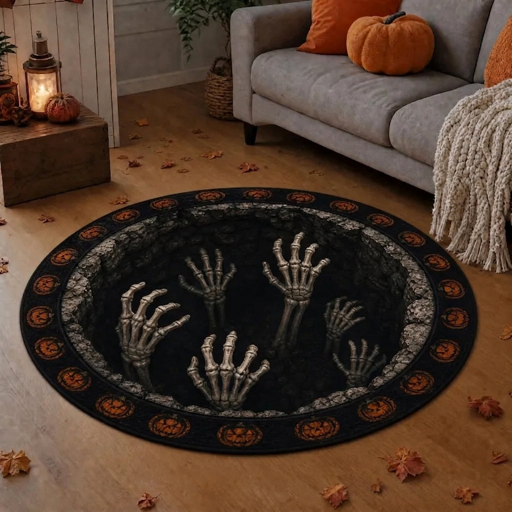 MadeMine 3D optical illusion Halloween rug featuring a spooky bottomless hole design, non-slip area rug for Halloween decor.