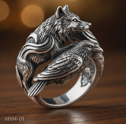 MadeMine Fox & Raven intertwined silver statement ring with animal design, 10g genuine silver for men and women.