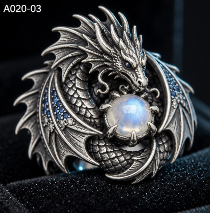 Genuine silver Dragon Wrapped Moonstone ring featuring a mystical design and 10g weight, crafted by MadeMine.