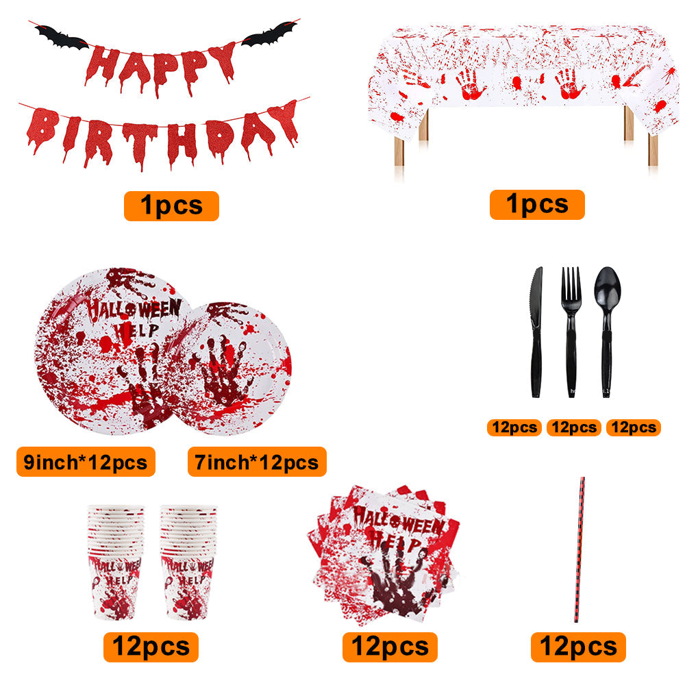 Kit de vajilla desechable de Halloween con huellas de manos sangrientas, decoraciones para fiestas, 98 piezas.