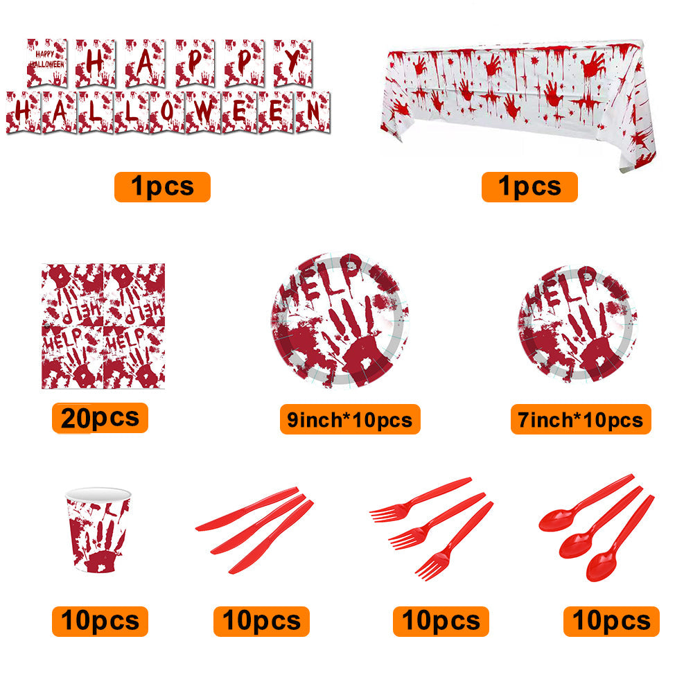 Kit de vajilla desechable de manos ensangrentadas para fiesta de Halloween, suministros de decoración para fiesta de Halloween, 82 piezas.