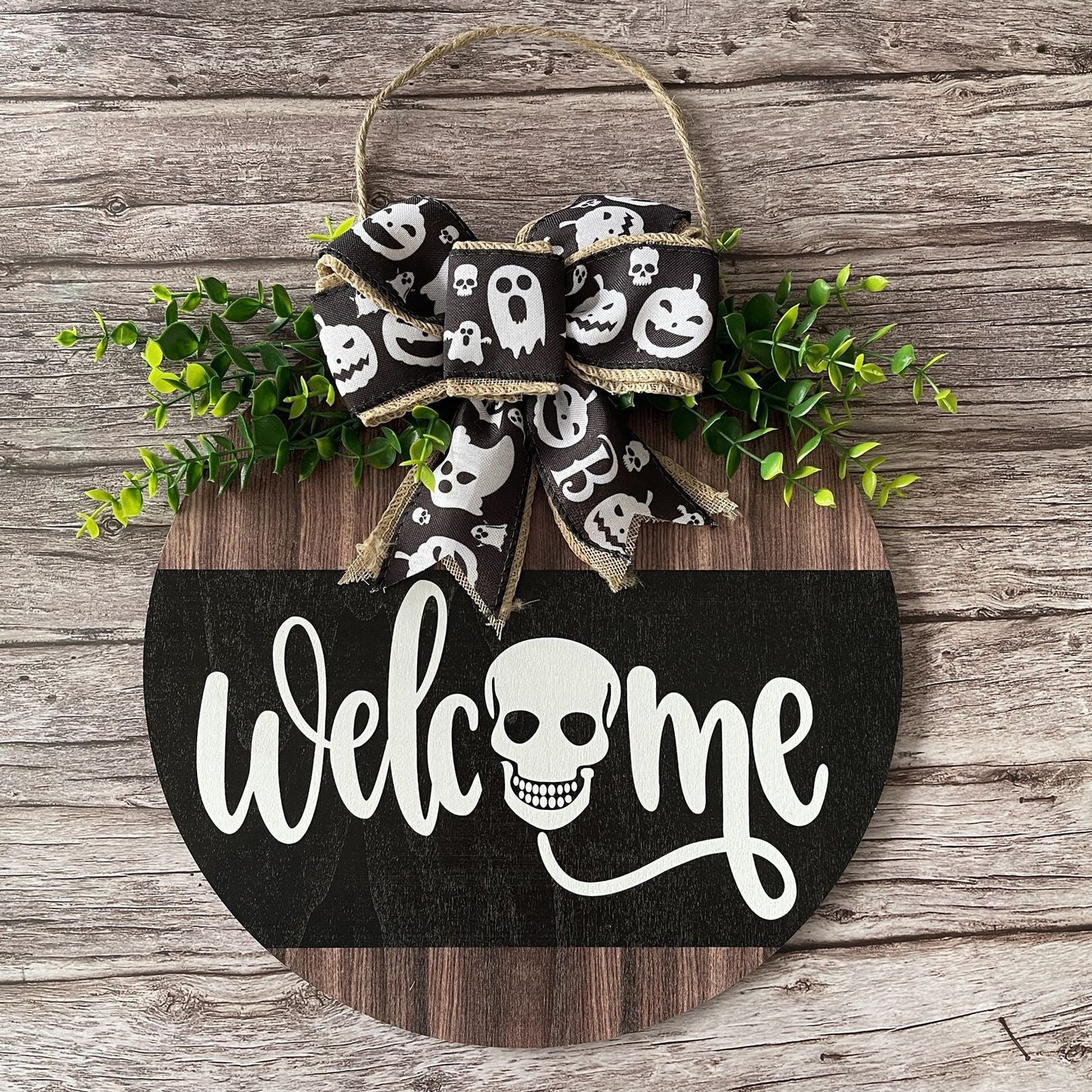 Letrero de bienvenida de Halloween para puerta delantera, corona de madera de estilo rústico para porche, decoración colgante, regalos.