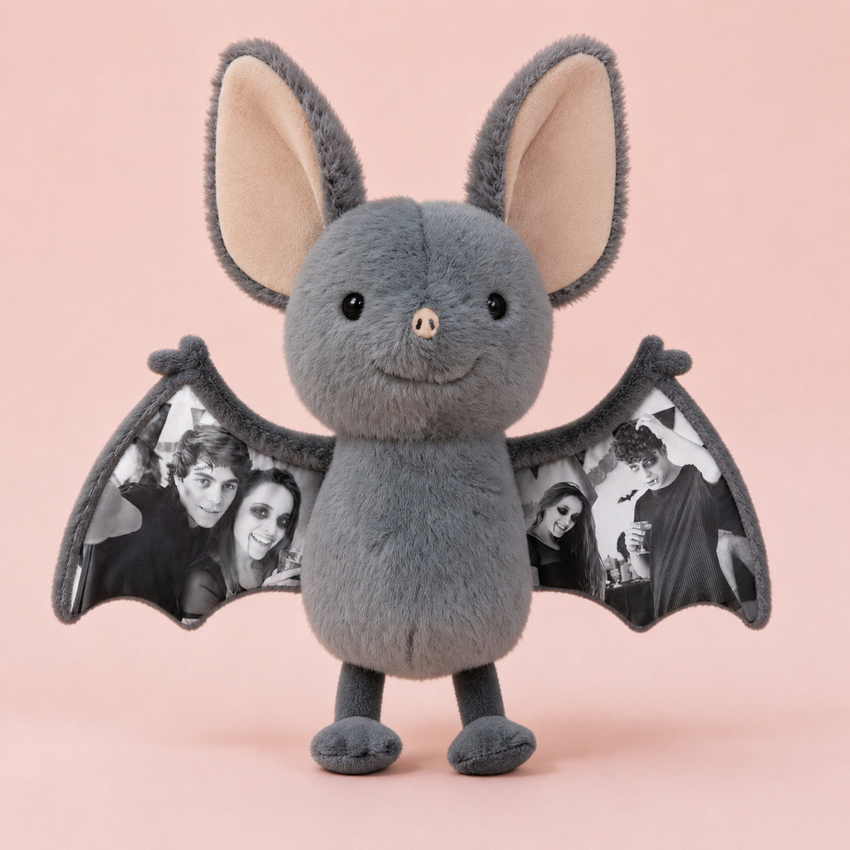 Personalized Photo Bat plush toy by MadeMine with custom Halloween design, featuring a soft plush bat with a space for a photo.
