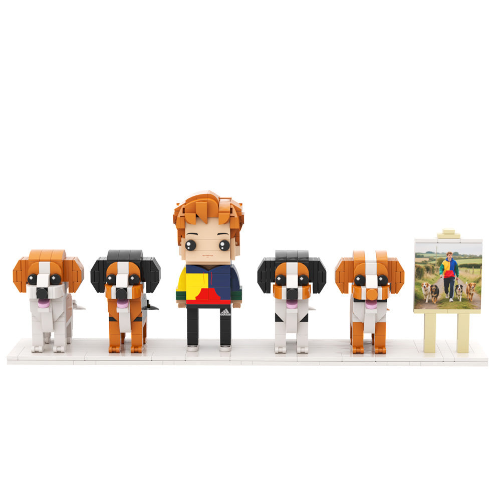 Custom Full-Body Brick Figures – 1 Person + 4 Dogs – with Frame