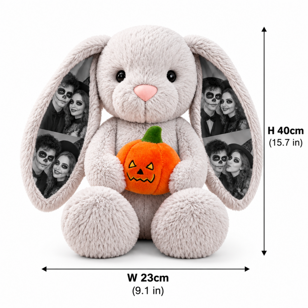 MadeMine Custom Photo Deluxe Halloween Bunny plush with personalized photo ears, pumpkin, witch hat, and Halloween bib for couples.