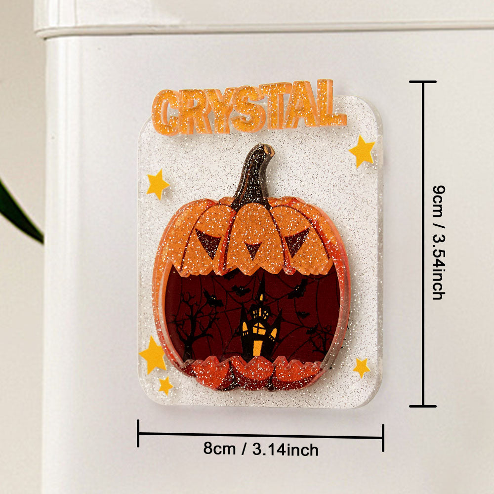 Imán de nevera personalizado de Halloween con nombre, imán para refrigerador, decoración para el hogar, regalo de Halloween.