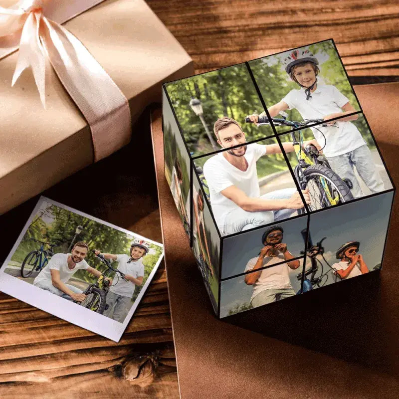 MadeMine personalized photo cube with wooden base, featuring multiple foldable photo panels for custom Father's Day gift.