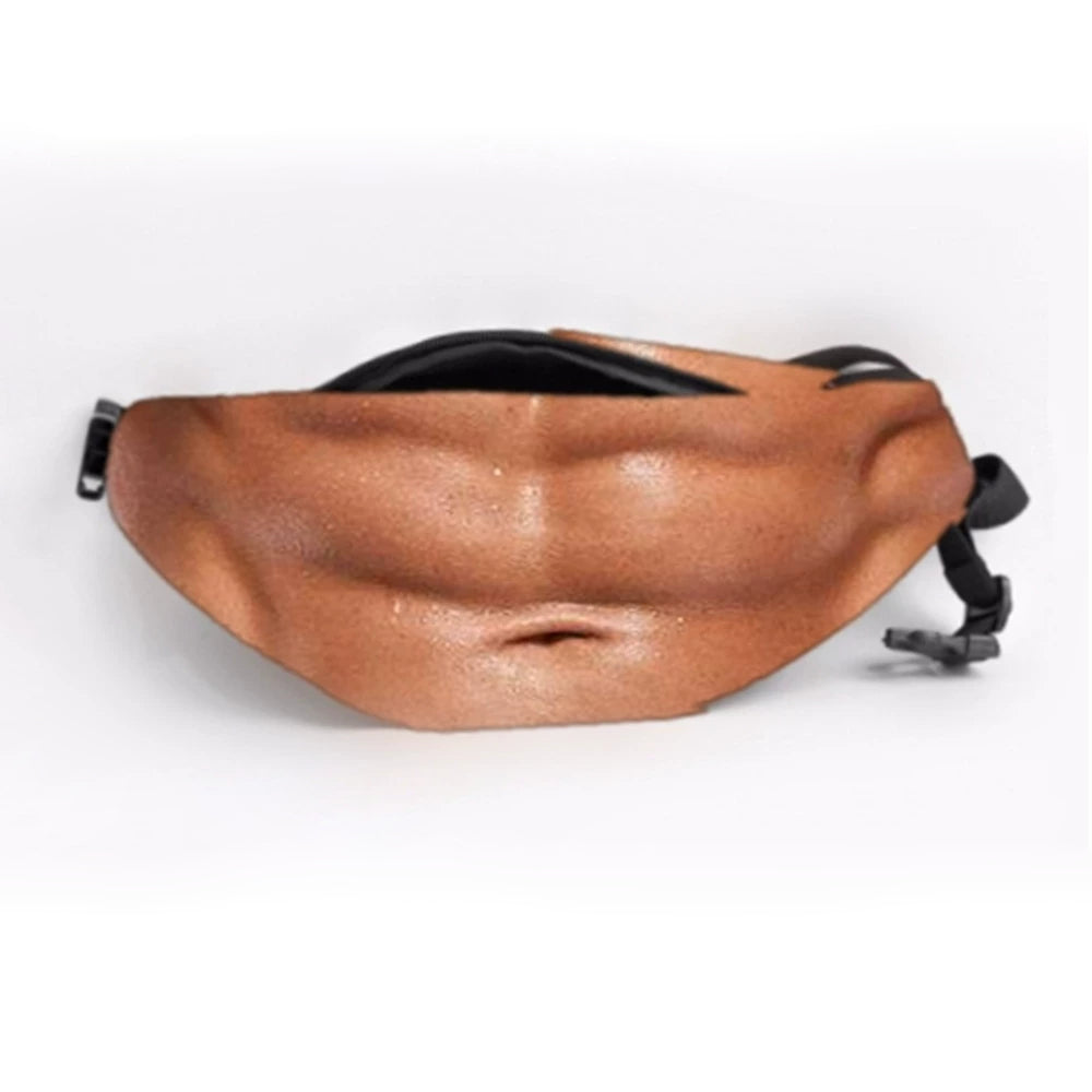 MadeMine funny body print fanny pack with realistic abs and belly design, a novelty waist bag for jokes and gifts