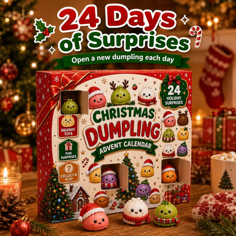 2026 Christmas Squishy Advent Calendar by MadeMine featuring 24 dumpling-shaped fidget toys for kids, with colorful holiday-themed packaging.