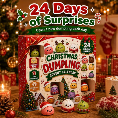 2026 Christmas Squishy Advent Calendar by MadeMine featuring 24 dumpling-shaped fidget toys for kids, with colorful holiday-themed packaging.