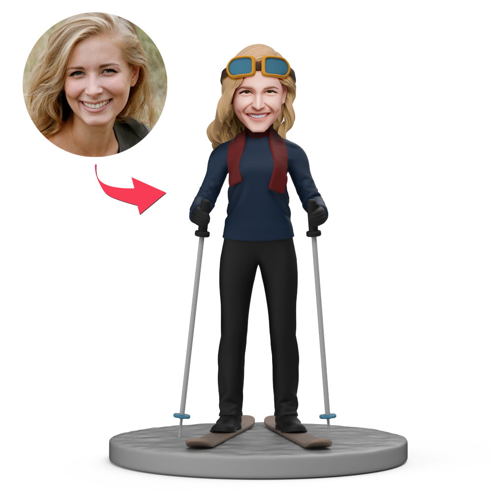 MadeMine skiër bobblehead met gegraveerde tekst, gepersonaliseerd cadeau voor haar, gedetailleerde en vrolijke actiebeeld.