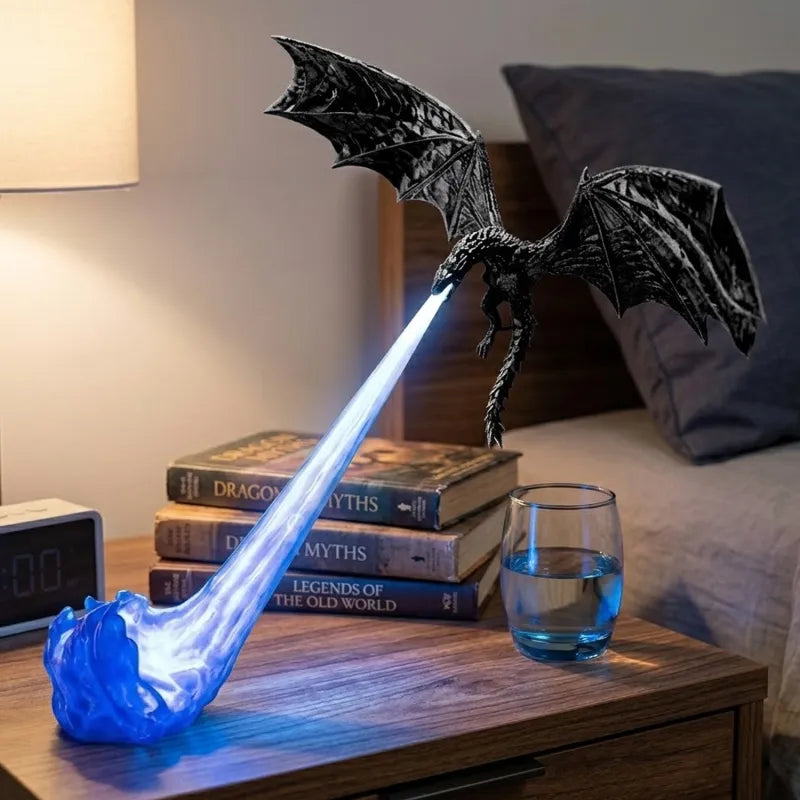 MadeMine Halloween Dragon Flame Book Nook with glowing LED fire dragon, spooky fantasy bookshelf insert for haunted home decor.
