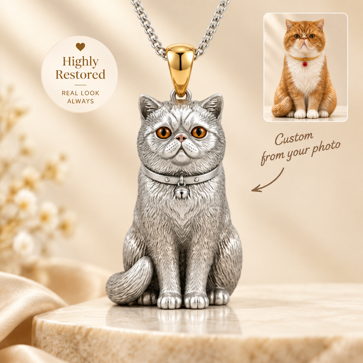 Sterling silver personalized 3D pet portrait necklace featuring a custom dog or cat pendant, memorial jewelry gift from MadeMine.