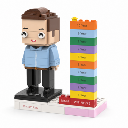 MadeMine personalized employee award brick figure featuring custom name, logo, and date for corporate recognition gifts.