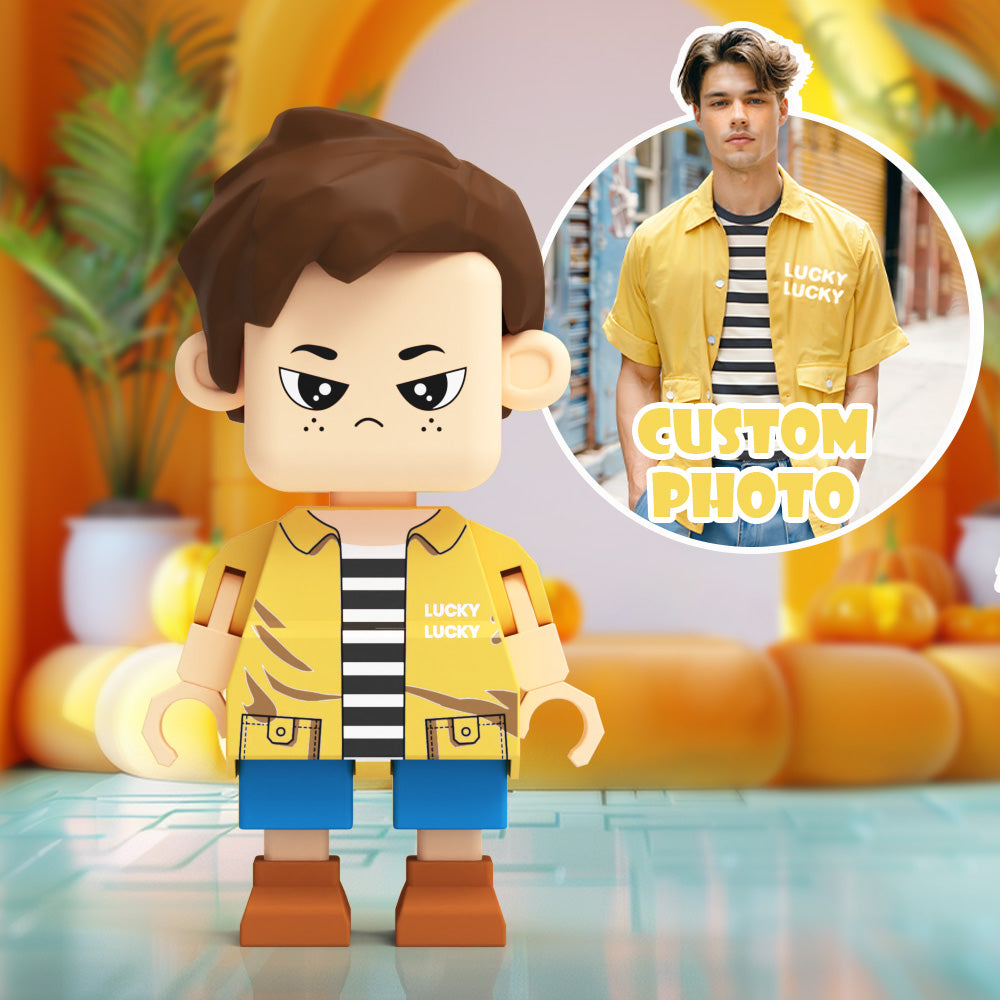 MadeMine personalized full-body giant minifig gift with customizable features, perfect for a unique, full-body brick figure display.