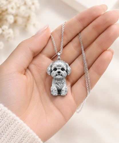 Personalized 3D pet portrait necklace in sterling silver featuring a custom dog or cat pendant for memorial jewelry.
