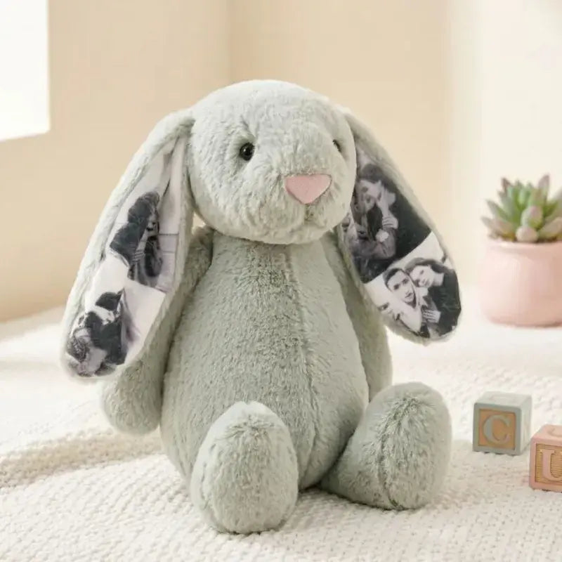 MadeMine custom photo bunny plush toy with hidden photo ear, a personalized plush gift for couples and anniversaries.