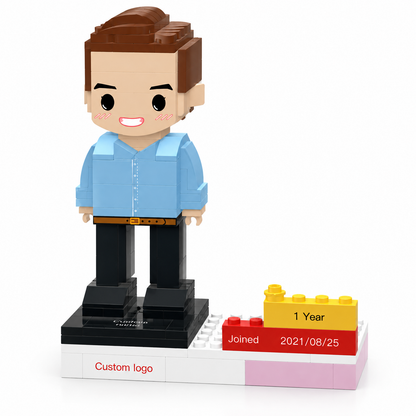 MadeMine personalized employee award brick figure with custom name, logo, and date, perfect for corporate recognition.