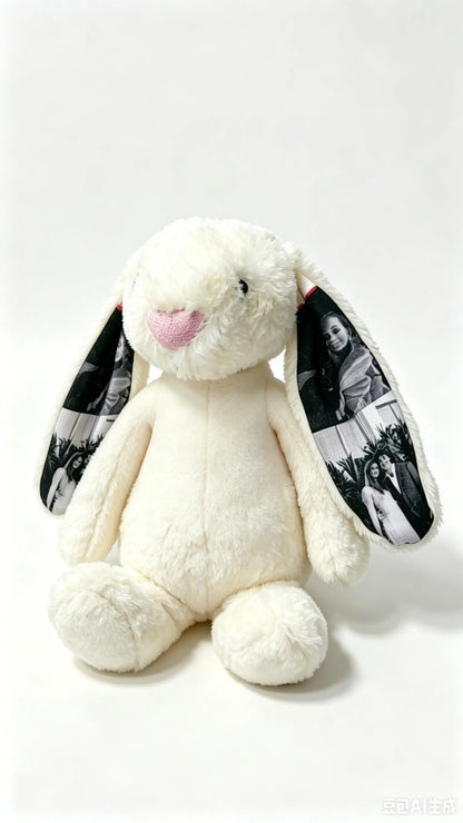 MadeMine custom photo bunny plush toy with hidden ear picture for couples and anniversaries, soft plush fabric and personalized design.