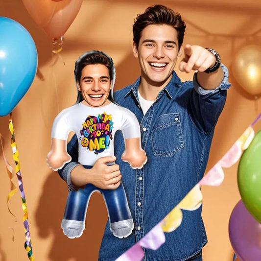 Custom face happy birthday inflatable doll by MadeMine, funny blow-up balloon with personalized face for birthday party favors.