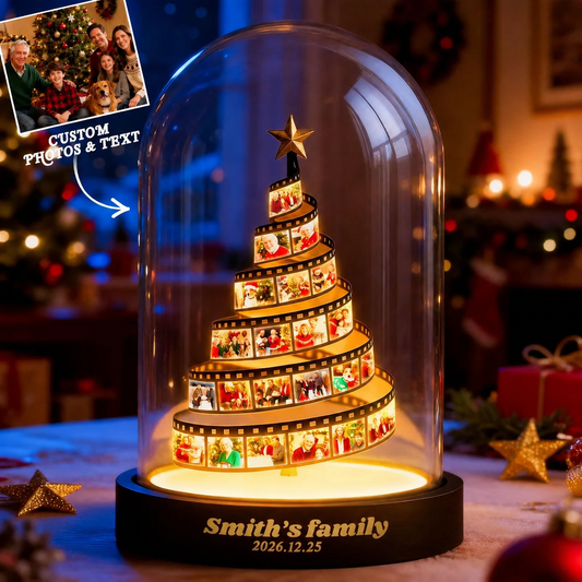 MadeMine custom photo film Christmas tree night light with engraved wood base, personalized family photo keepsake accessory for holiday decor