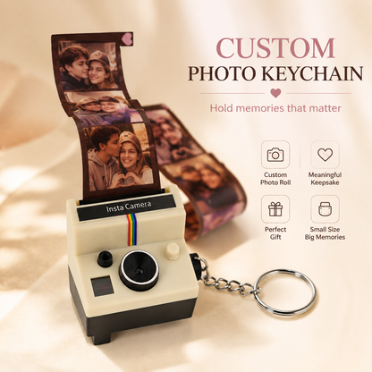 MadeMine personalized film camera keychain with mini camera design showcasing space for 5-10 photos, perfect for custom keepsakes.