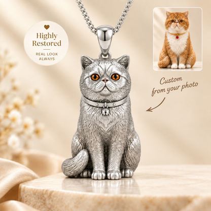 Personalized 3D pet portrait necklace featuring custom sterling silver dog and cat pendant, memorial jewelry gift from MadeMine