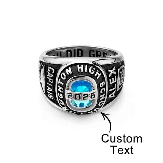 Personalized Birthstone Class Signet Ring with Engraved Symbol Name and Text Class of Graduation Gift for High School