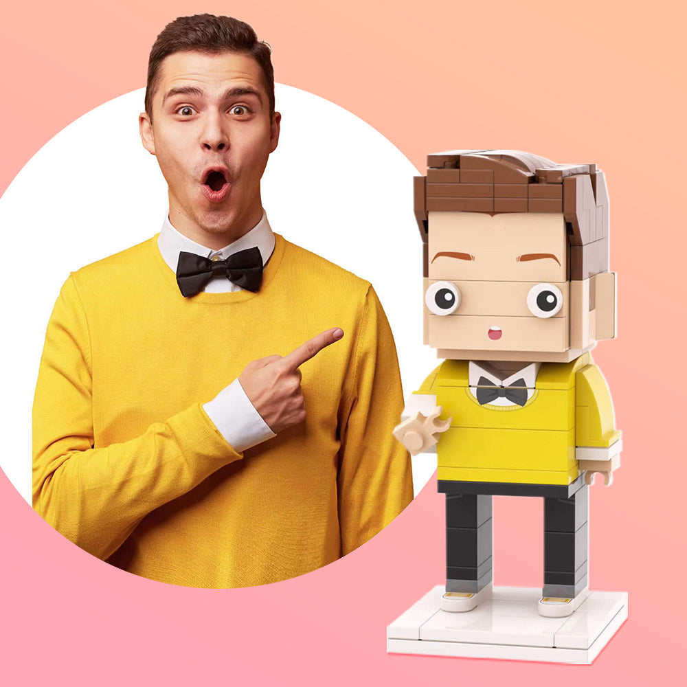 Persoonlijke cadeau MadeMine: volledige aangepaste brick figuur van één persoon voor Vaderdag, gedetailleerd en uniek ontworpen.