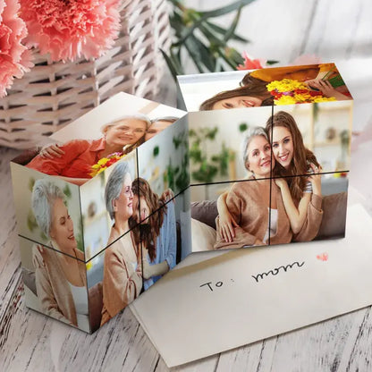 MadeMine personalized photo cube with wooden base, showcasing an infinity folding multiphoto display for custom Father’s Day gifts