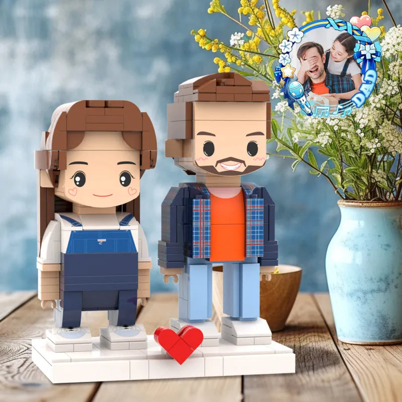 Customized Dad and Daughter building block figures by MadeMine, featuring cute faces and full-body brick characters.