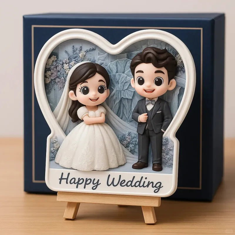 Custom 3D Wedding Figurine with Wooden Holder - Personalized Bride & Groom Gift - Mini Brick Custom
