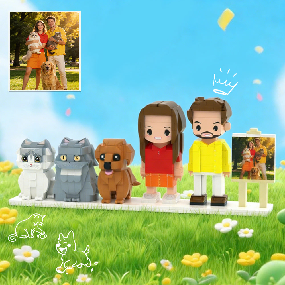 Custom Full-Body Brick Figures of 2 People, 1 Dog & 2 Cats with Frame 