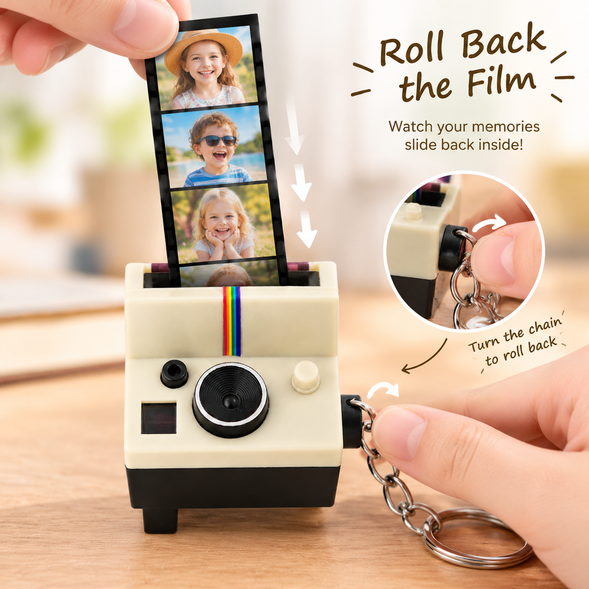 MadeMine personalized photo camera keychain for kids, mini film camera with space for 5-10 photos, fun and customizable accessory.