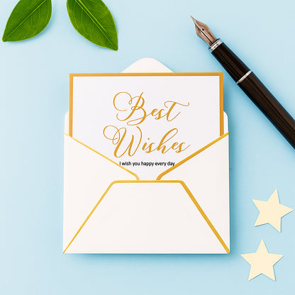 Custom greeting card with personalized text and "Best Wishes" envelope from MadeMine, showcasing a elegant design and handwritten message.