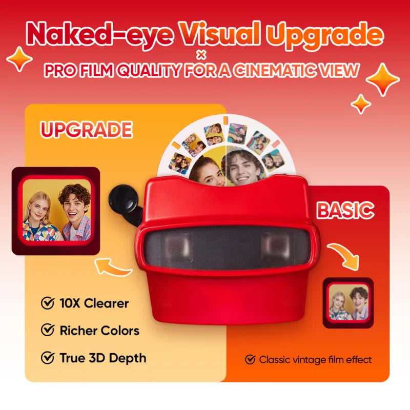 MadeMine custom 3D viewfinder with reel displaying a personalized photo viewer in vibrant colors and sleek design.
