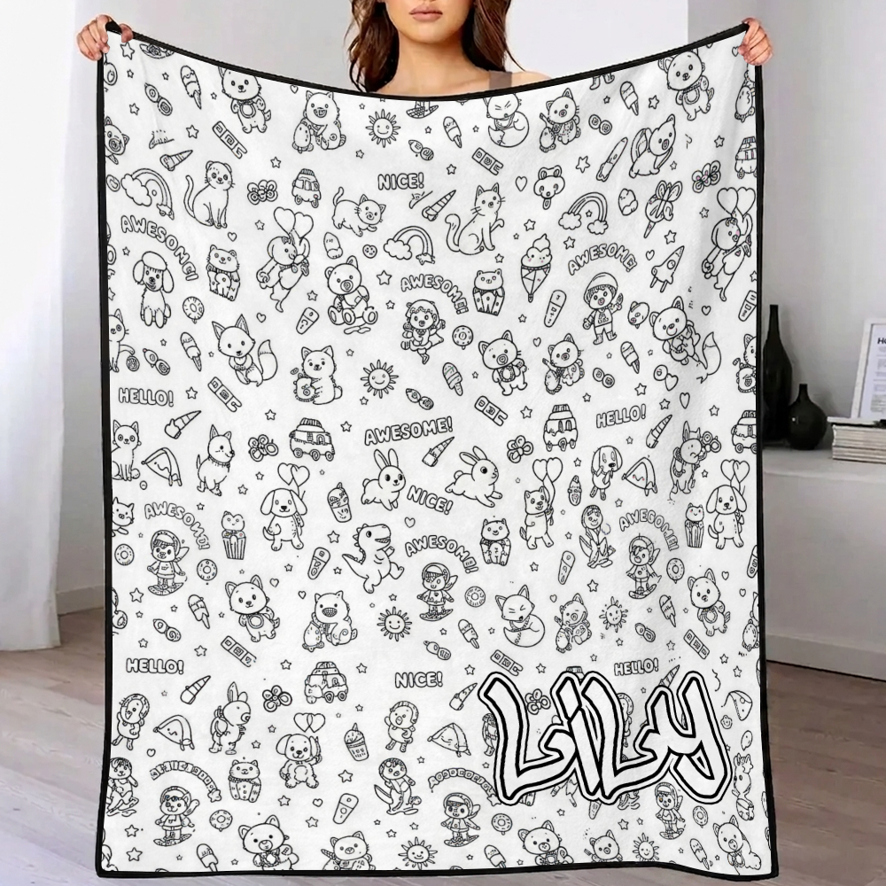 MadeMine DIY drawing and custom text blanket with 24-color markers, washable keepsake art blanket for kids and adults.