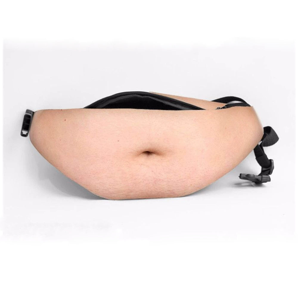 MadeMine funny body print fanny pack with realistic abs and belly design, waist bag perfect for novelty joke gift or fun accessory.