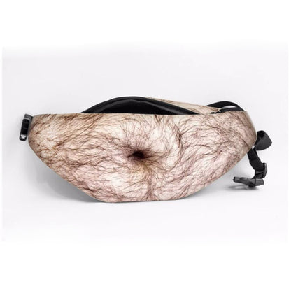MadeMine funny body print fanny pack with realistic abs and belly design, waist bag for novelty joke gift or fun accessory.