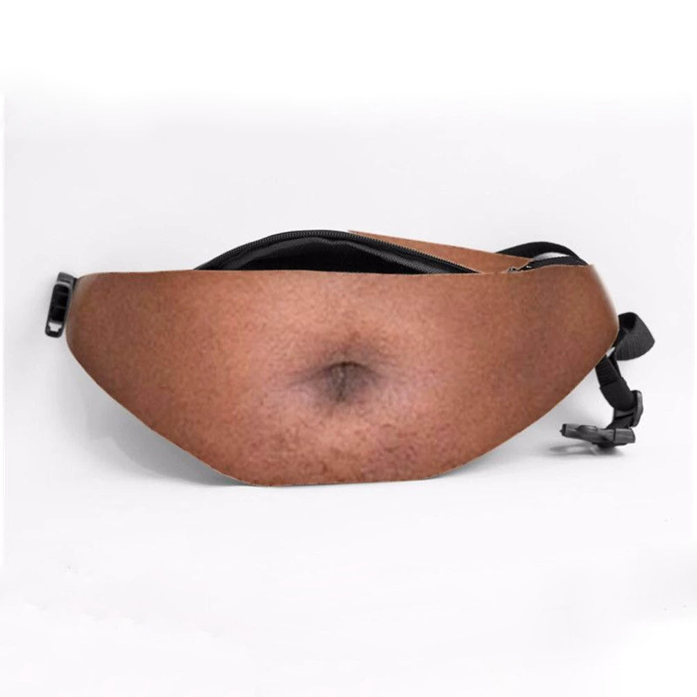 MadeMine funny body print fanny pack with realistic abs and belly design, waist bag perfect for novelty gifts and jokes.