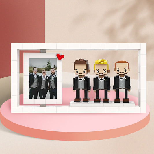 Custom Full-Body Cute Brick Figures – 3 People with Photo Frame – Groomsman Gift