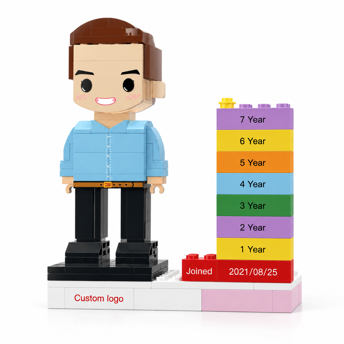 Personalized employee award brick figure with custom name, logo, and date, made by MadeMine for corporate recognition.