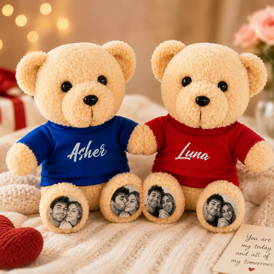 MadeMine personalized plush teddy bear with custom embroidered name, soft plush toy for gift or keepsake.