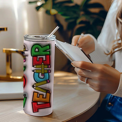 Personalized 3D Rainbow Apple & Pencil Teacher Tumbler – 20oz Skinny with Lid & Straw