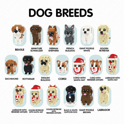 Twee gepersonaliseerde brick figuren van MadeMine met honden, volledig aanpasbaar voor cadeau of decoratie.