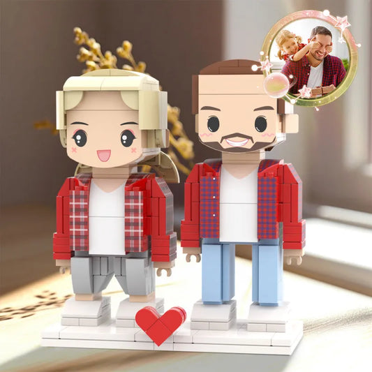 Customized Father's Day gift building block figures of two people with cute faces, made by MadeMine, featuring fully detailed brick characters.